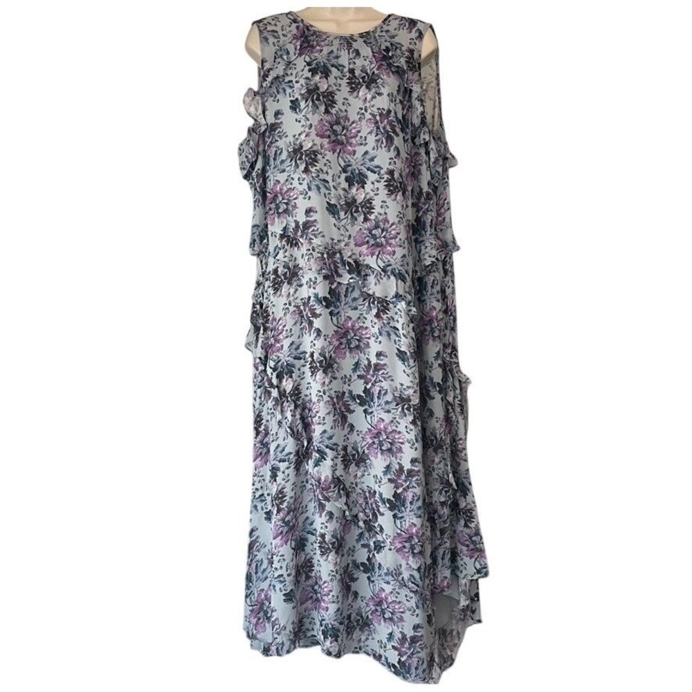 Sundance Gathered Lilacs Blue Floral Maxi Dress XXL Boho Ruffle